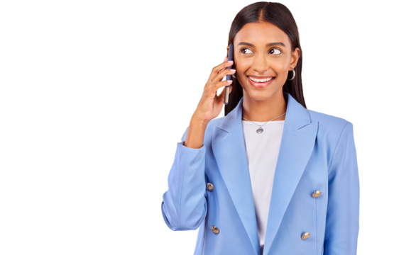 Smile, face of woman and phone call isolated on transparent png background for communication, chat and talk. Business networking, discussion and happy young professional with smartphone conversation