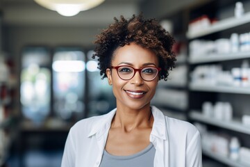 Portrait of a charming mature African American female pharmacist wearing glasses among shelves of medicines in a pharmacy. Experienced confident professional in the workplace. Copy space. - obrazy, fototapety, plakaty