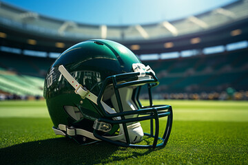 Fototapeta Close-up shot of American football helmet lying on green field of football stadium. Protective helmet with wire mask is an important element of a football player's equipment. Blurred background. obraz
