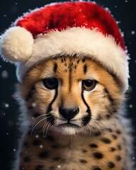 Close-up portrait of cheetah cub in christmas hat