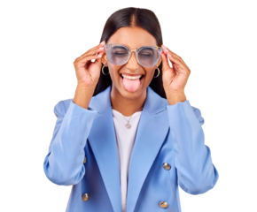 Funny, woman and sunglasses with goofy face, creative and isolated on transparent png background. Business, crazy and young professional in modern fashion, trendy cool style glasses and work clothes.