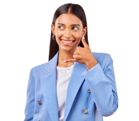 Business woman, hands and call me sign with smile for communication, connection and networking. Young person, happy and indian professional as consultant and isolated on transparent png background
