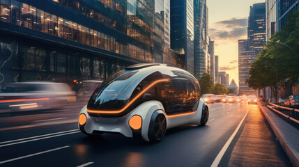 A futuristic self-driving car navigating urban traffic