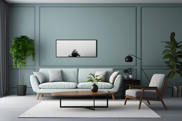 Modern living room with furniture with dark gray walls, in the style of light green and light azure, jazzy interiors, minimalist
