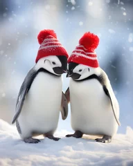Fotobehang two penguins in a red hat on the snow in the winter © Obsidian