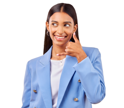Business woman, hands and call me sign with smile for communication, connection and networking. Young person, happy and indian professional as consultant and isolated on transparent png background