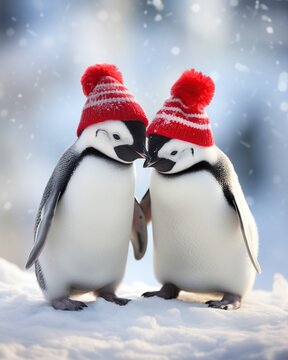 two penguins in a red hat on the snow in the winter