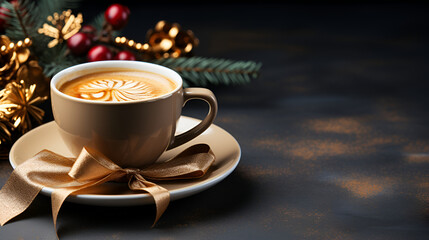 Light Cup of cappuccino coffee and Christmas decorations on a dark concrete background with a gold ribbon. Christmas and New Year celebration concept. Side view with copy space