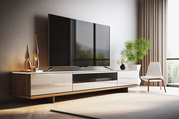 Close up of big television on tv stand and modern table in background of minimalist living room. Building concept of living room and equipment.