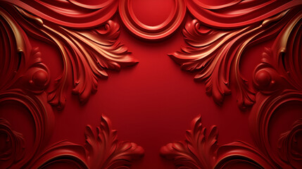 Red 3D decorative frame with copy space, invitation, greeting card, vintage art deco style. Abstract floral background