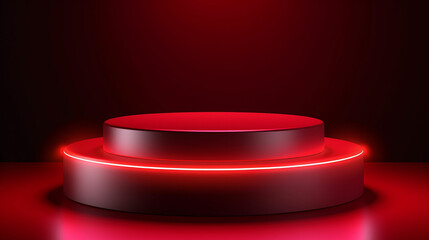 Abstract realistic 3D red cylinder pedestal or podium with illuminate horizontal neon lamp. Dark red minimal scene for product display presentation.  geometric platform design. Made with generative ai