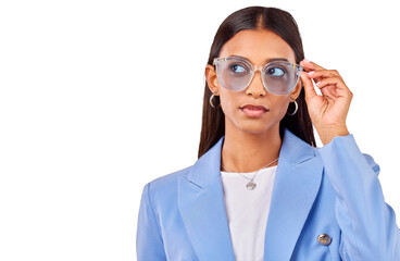 Thinking, face of woman with sunglasses and creative style isolated on transparent png background. Business, ideas and young professional with modern fashion, trendy cool glasses and work clothes.