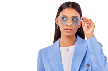 Thinking, face of woman with sunglasses and creative style isolated on transparent png background. Business, ideas and young professional with modern fashion, trendy cool glasses and work clothes.