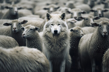 A wolf in sheep's clothing in the herd of sheep. Ai generated illustration - obrazy, fototapety, plakaty