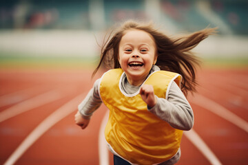 A joyful girl with Down syndrome running on a track, her hair flying back, she's wearing a yellow vest