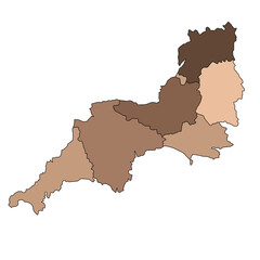 Fototapeta na wymiar brown map of South West England is a region of England, with borders of the ceremonial counties and different colour.