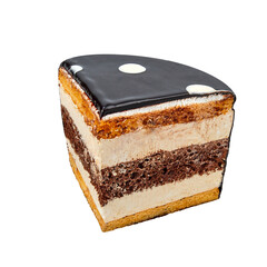 A piece of Cake based on chocolate, vanilla, poppy seed biscuit, meringue, cream with condensed milk isolated on white