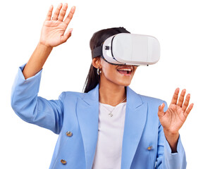 Isolated business woman, augmented reality glasses or hands for test, metaverse or ui by...