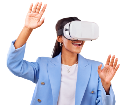 Isolated business woman, augmented reality glasses or hands for test, metaverse or ui by transparent png background. Entrepreneur, 3d user experience or game for futuristic vr vision in digital world - Powered by Adobe