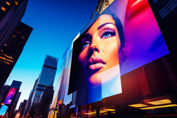Billboards on a futuristic city scene. Concept art with a futuristic vision of advertising