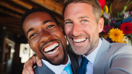 Gay Couple in Joyful Embrace at Wedding Reception - obrazy, fototapety, plakaty