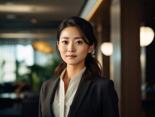 A close-up shot of a stylish Japanese businesswoman, exuding charisma in her suit, confidently making eye contact with the camera while standing in a contemporary co-working space. 