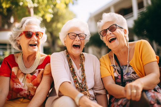 The portrait group shot of happy female elders enjoying a leisure time outdoors together. Senior group old friends. Generative AI.
