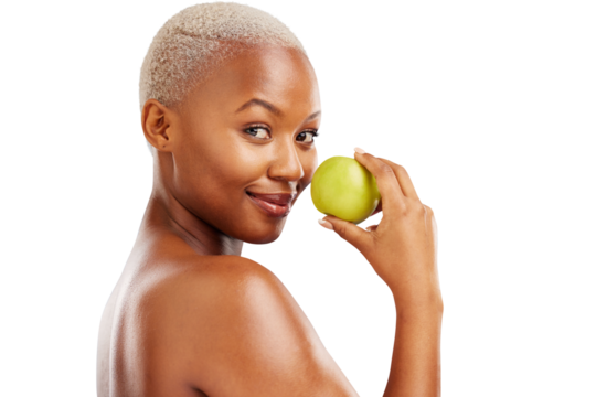 Portrait, happy and black woman with apple for nutrition, health or wellness for diet. Female model, person and smile with natural, organic and green fruit on isolated or transparent png background