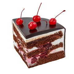 A piece of Drunk cherry cake based on chocolate biscuit, cream, alcoholized cherries and cognac isolated on white