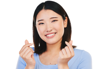 Happy asian woman, portrait and love sign or hand gesture for romance isolated on transparent png background. Face of girl with smile, emoji or finger heart icon with symbol for valentines day.