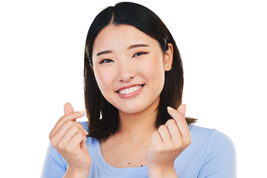 Happy asian woman, portrait and love sign or hand gesture for romance isolated on transparent png background. Face of girl with smile, emoji or finger heart icon with symbol for valentines day.