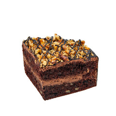 A piece of Brownie cake based on chocolate biscuit with walnuts, chocolate cream with cognac isolated on white