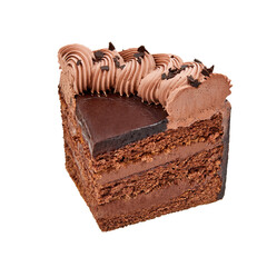 A piece of Cake Prague with chocolate layers and chocolate cream isolated on white