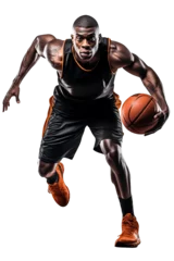 Gardinen action shot of an african american basketball player moving and playing, isolated on a white or transparent background png, professional basket ball athlete studio shot © Alan