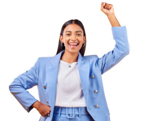 Isolated business woman, fist celebration and portrait with pride, goal or champion by transparent png background. Entrepreneur, power and emoji with cheers, strong and winner for success in career
