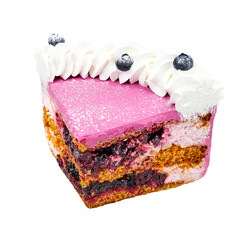 A piece of Cake Medovik Blackcurrant with biscuit based on honey, sour cream and blackcurrant confit isolated on white