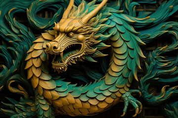 Green asian dragon, full frame background