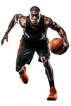 action shot of an african american basketball player moving and playing, isolated on a white or transparent background png, professional basket ball athlete studio shot
