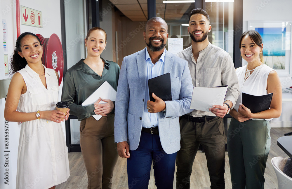 Sticker Portrait, diversity and collaboration with a business team in the office for management or leadership. Corporate, smile or happy with an employee group of men and women in the workplace together