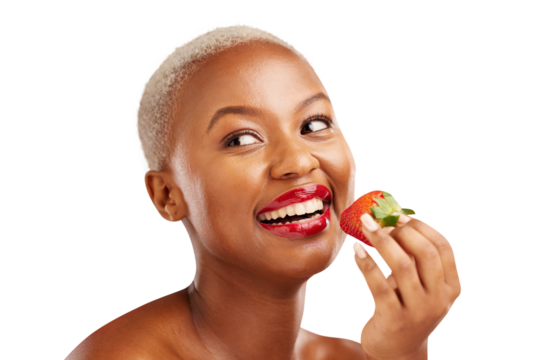 Beauty, thinking face and woman with a strawberry isolated on png transparent background for health and wellness. Black person, smile or makeup with fruit for nutrition, healthy diet or organic detox