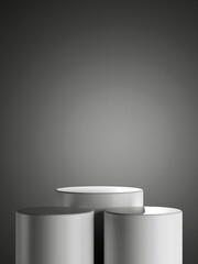 Simple blank minimal black metal background with product display platform. Empty studio with circle podium pedestal on a gradient gray backdrop. 3D rendering