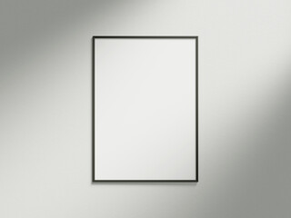 Minimal picture poster frame mockup on white wallpaper with sunlight