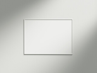 Minimal picture poster frame mockup on white wallpaper with sunlight