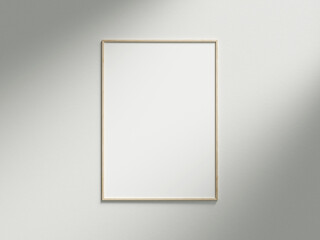 Minimal picture poster frame mockup on white wallpaper with sunlight