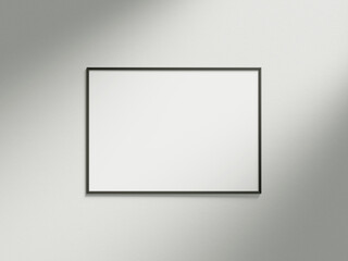 Minimal picture poster frame mockup on white wallpaper with sunlight