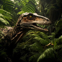 Velociraptor in the jungle stocking its prey. Generative ai. 