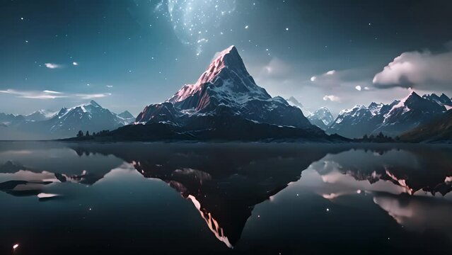 Fantasy cinematic epic landscape. Mountain lake at night. AI generated.