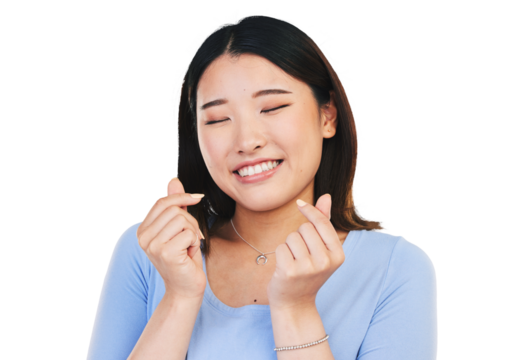 Happy asian woman, face and love sign or hand gesture for romance isolated on transparent png background. Gen z girl with smile, romantic emoji and heart icon with kpop symbol for valentines day.