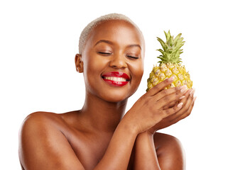 Pineapple, beauty and face of a happy black woman, healthy food and smile isolated on transparent background. African person, girl and model with fruit, natural cosmetics and makeup with glow and png