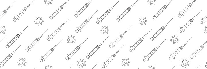 Seamless pattern of syringes. Seamless vaccination background. Syringes pattern on white. Syringe for vaccine, vaccination, injection, flu shot. Vaccination concept. Flu prevention poster.Vector illus - obrazy, fototapety, plakaty
